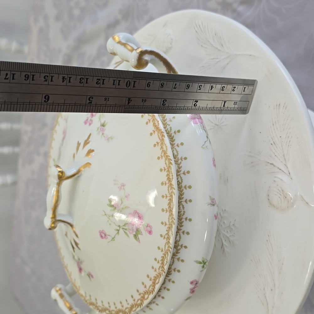 Vintage PL Limoges France M Redon Round Dish Lid Handles Pink Roses - Picture 17 of 17